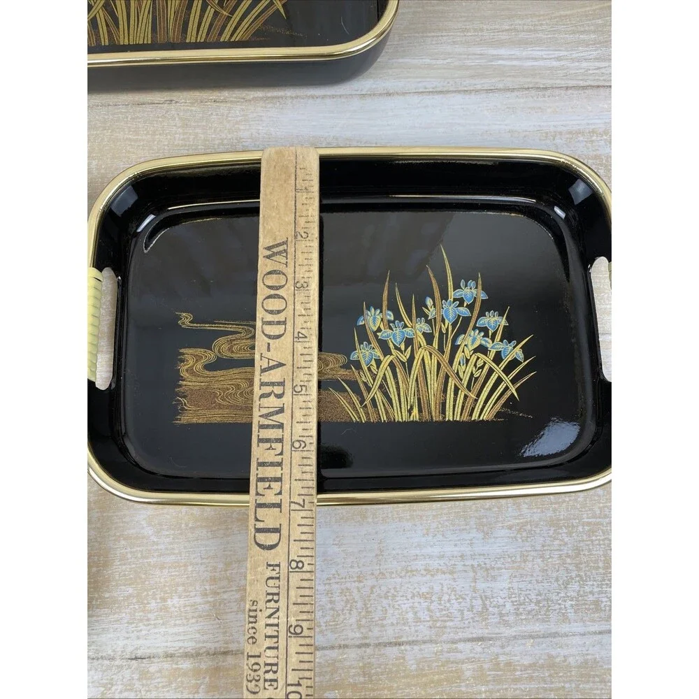 Vintage 3 Pc Nesting Serving Tray Set Lacquerware Iris Black & Gold Toyo Japan